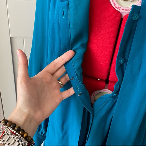 Rachel Zoe Mini Dress, Bow, 100% Silk, Flowy, Button-Down, Teal, Women’s (US M) - Picture 7 of 14